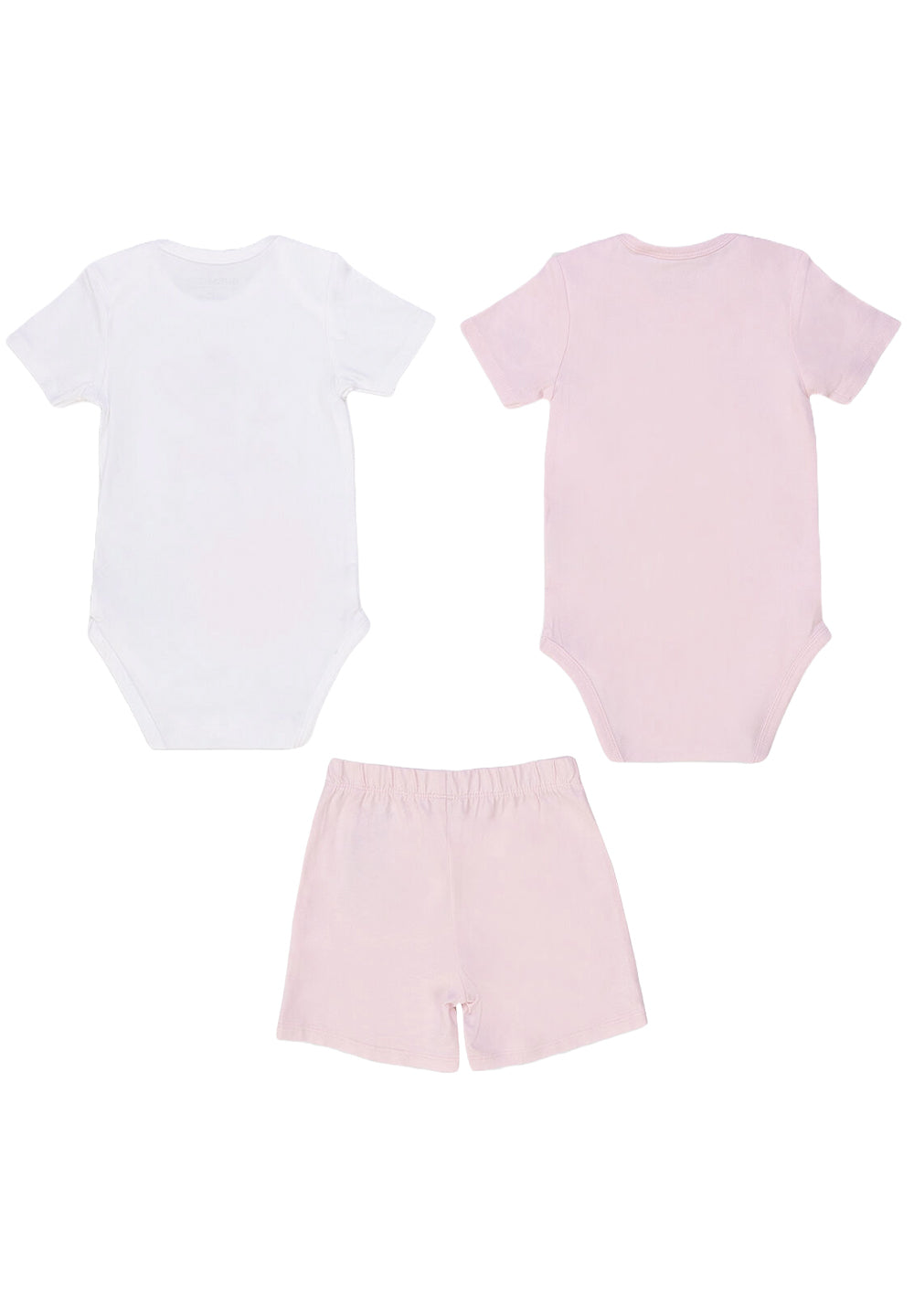 Set 3 pezzi 2 tutine + short bianco-rosa per neonata