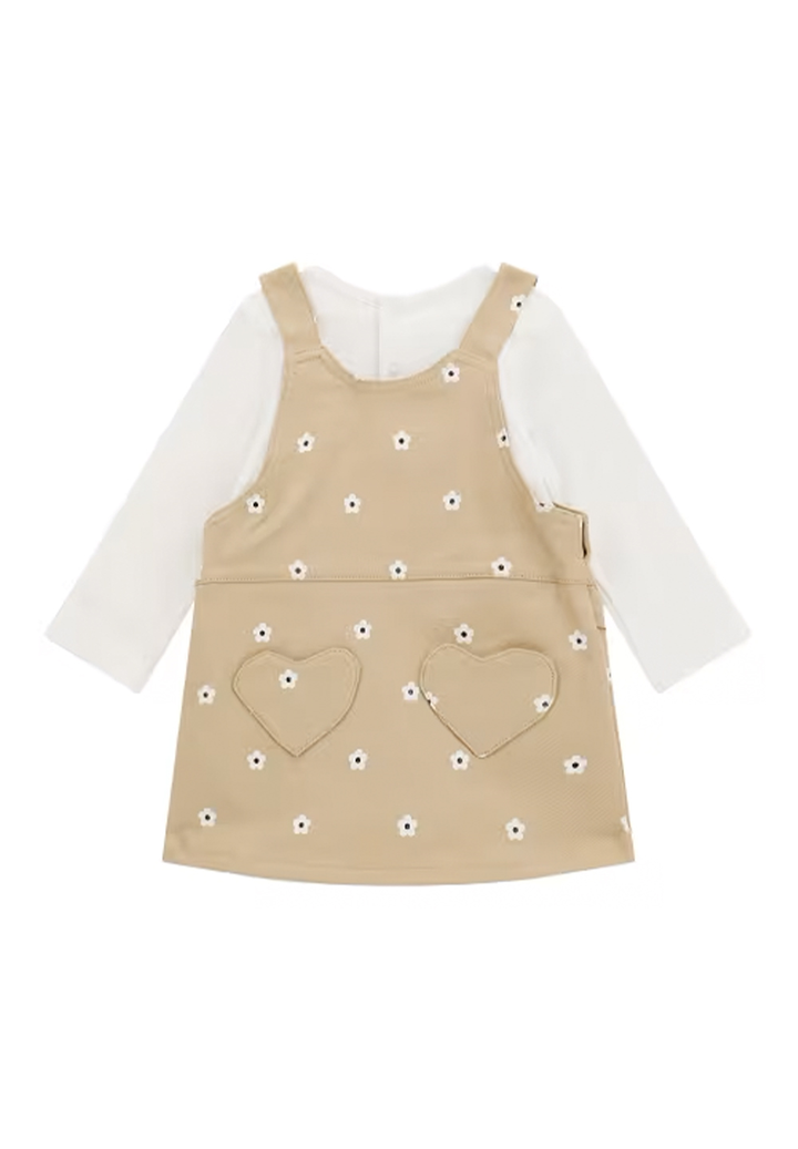 Set t-shirt + salopette bianco-beige per bambina