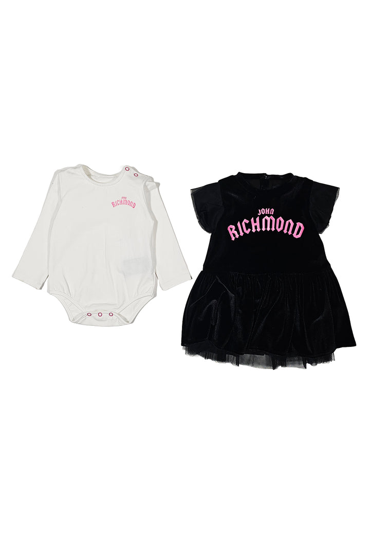 White-black dress+bodysuit set for newborn girls