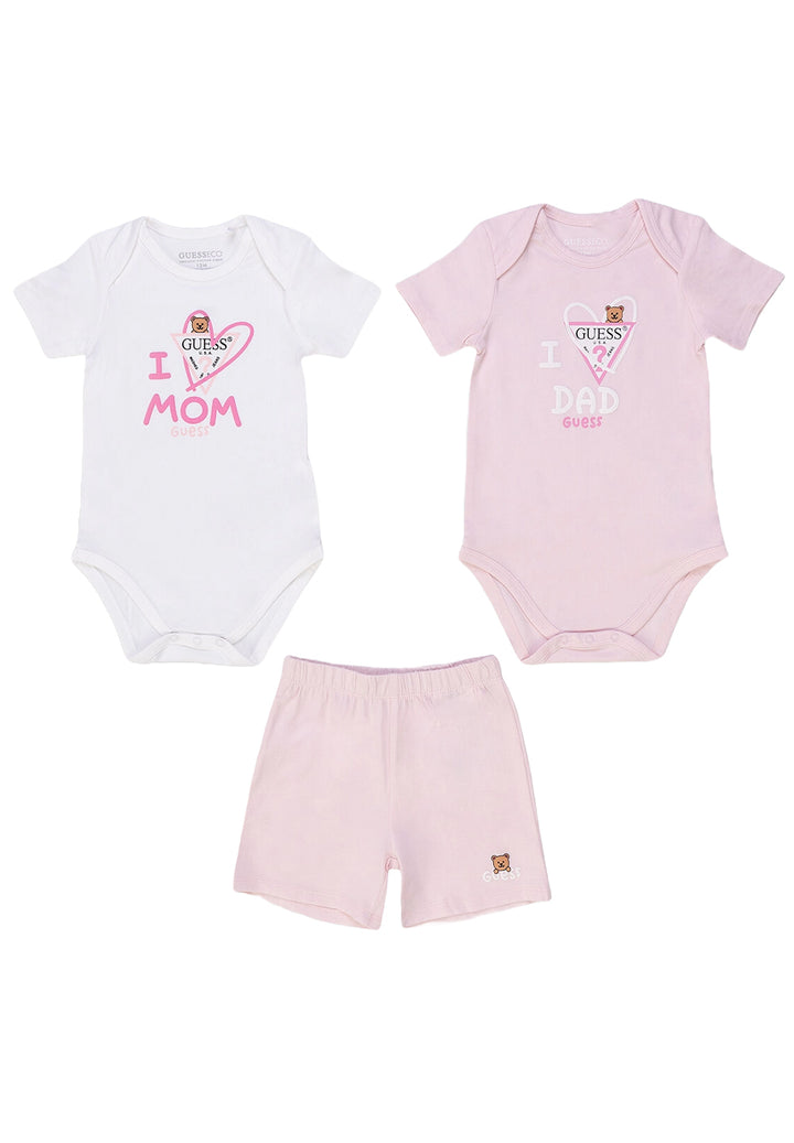 Set 3 pezzi 2 tutine + short bianco-rosa per neonata